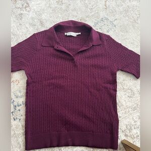 Simons Short-Sleeve Collared Cable Knit Top - Deep Plum